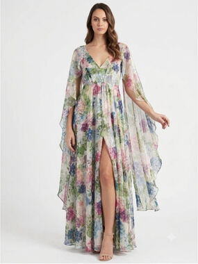 René Ruiz Collection Chiffon Cape Gown Floral Maxi Dress Size 10 MSRP $1595